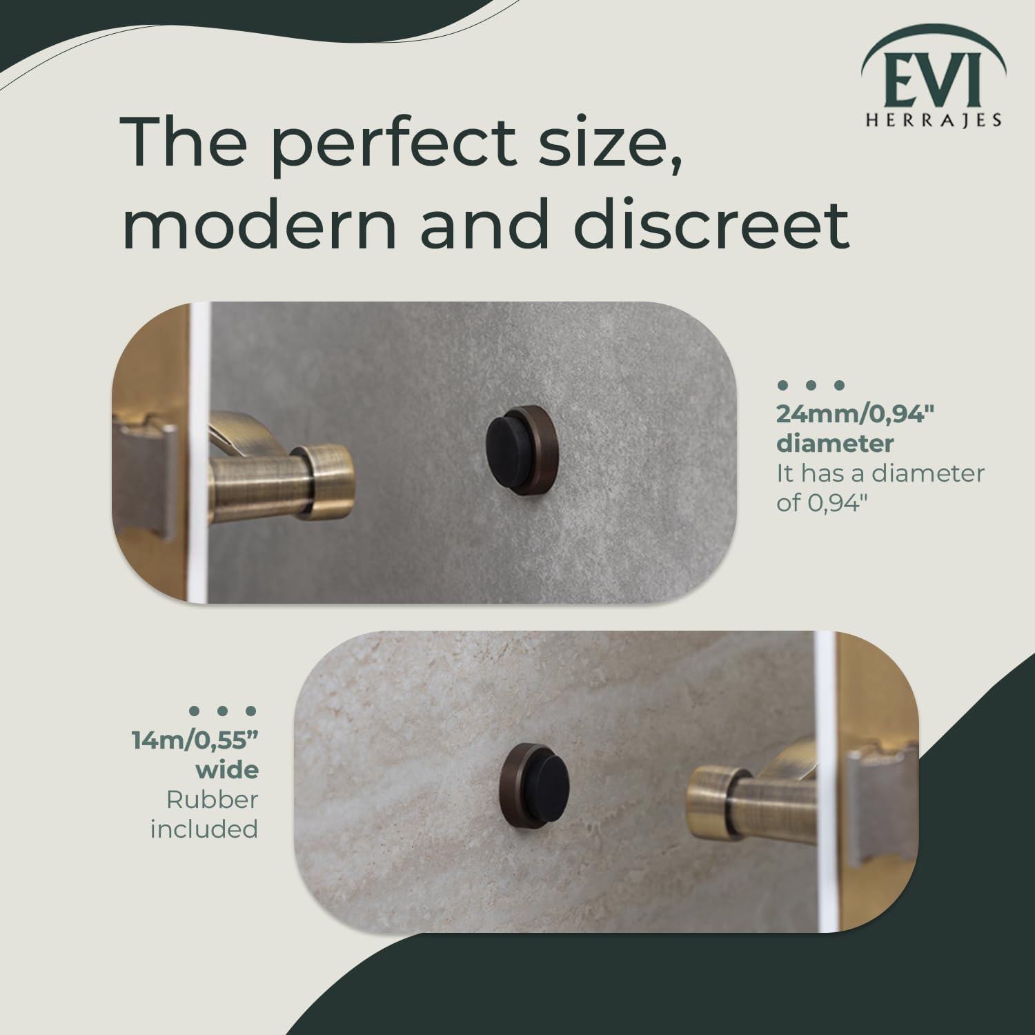 EVI Door Stoppers | Solid Brass Wall Door Stop - Adhesive and Screw Fastering - Black Protector Rubber - 0.94 x 0.55 Inch Door Stop