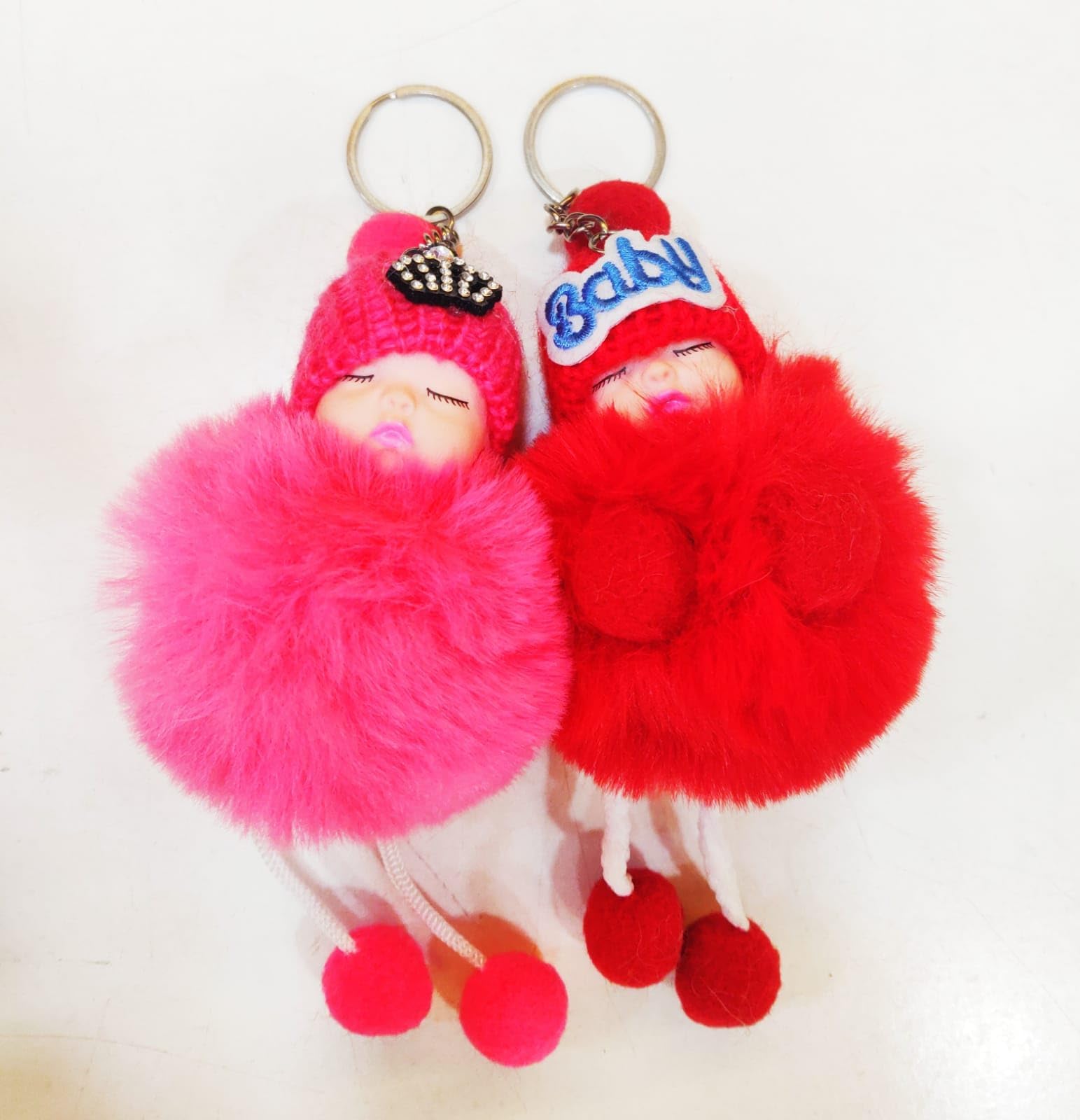 Cute Small Sleeping Baby Doll Fake Fur Fluffy Key Chain, Hanging Key Ring for Bag Accessories, Pom Pom Fluffy Key Rings, Key Pendant Cartoon Ornaments (Pack of 2)