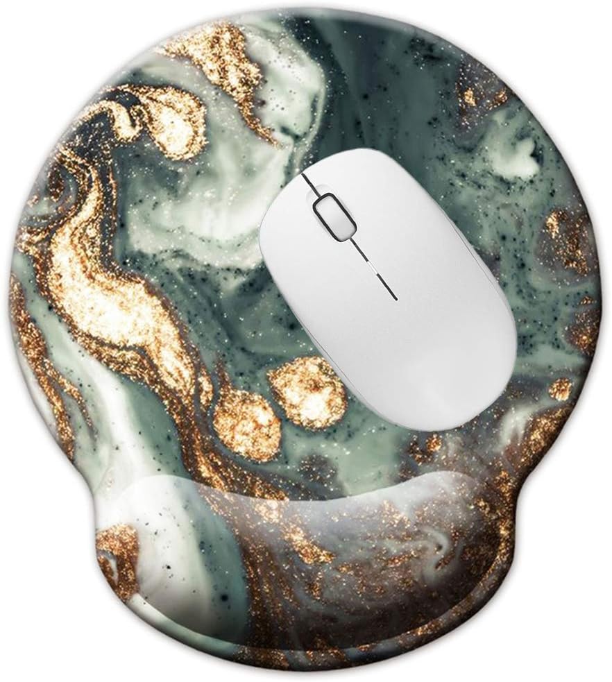 Memory Foam Mousepad with Wrist Support Design Ergonomic Mouse Pad Comfortable Wrist Rest Non-Slip PU Base Mouse Mat (Jade Golden Marble-Foam)