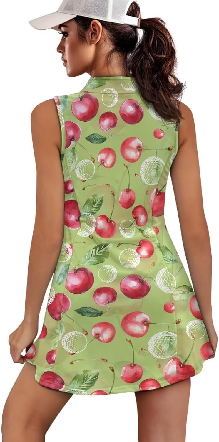 Women's Tennis Golf Dress with Shorts and Pockets Sleeveless Polo Activewear Zipper Workout Athletic Dresses XS-2XL