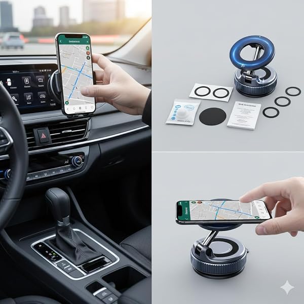 2026 Upgraded Vacuum Magnetic Phone Holder for Car, 360° Rotatable Suction Mount, Foldable & Adjustable for Car/Gym/Smooth Surface, Phone Holder with 3 Extra Rings for iPhone 17 16 15 14 13 & Android - 4
