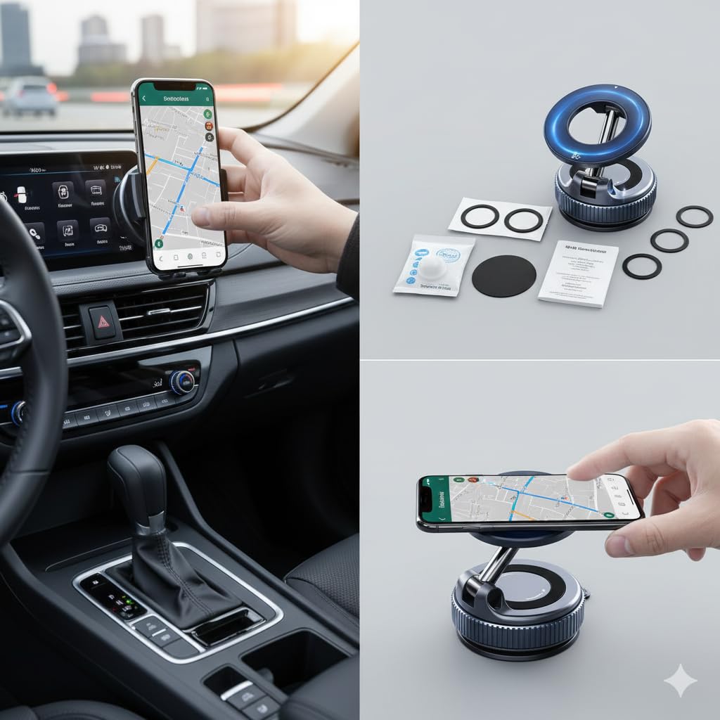 2026 Upgraded Vacuum Magnetic Phone Holder for Car, 360° Rotatable Suction Mount, Foldable & Adjustable for Car/Gym/Smooth Surface, Phone Holder with 3 Extra Rings for iPhone 17 16 15 14 13 & Android — view 4