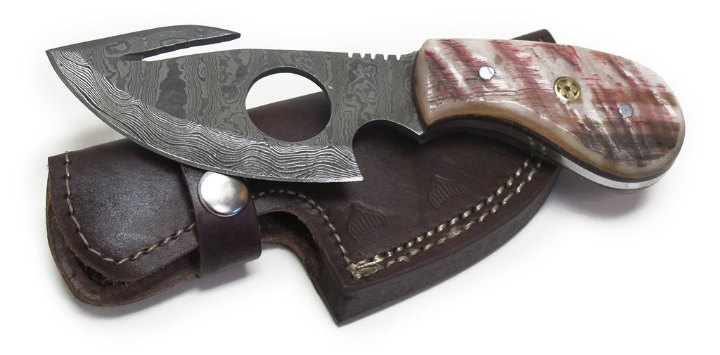 Wild Turkey Handmade Damascus Ram Horn Full Tang Cat Skinner Hunting Knife