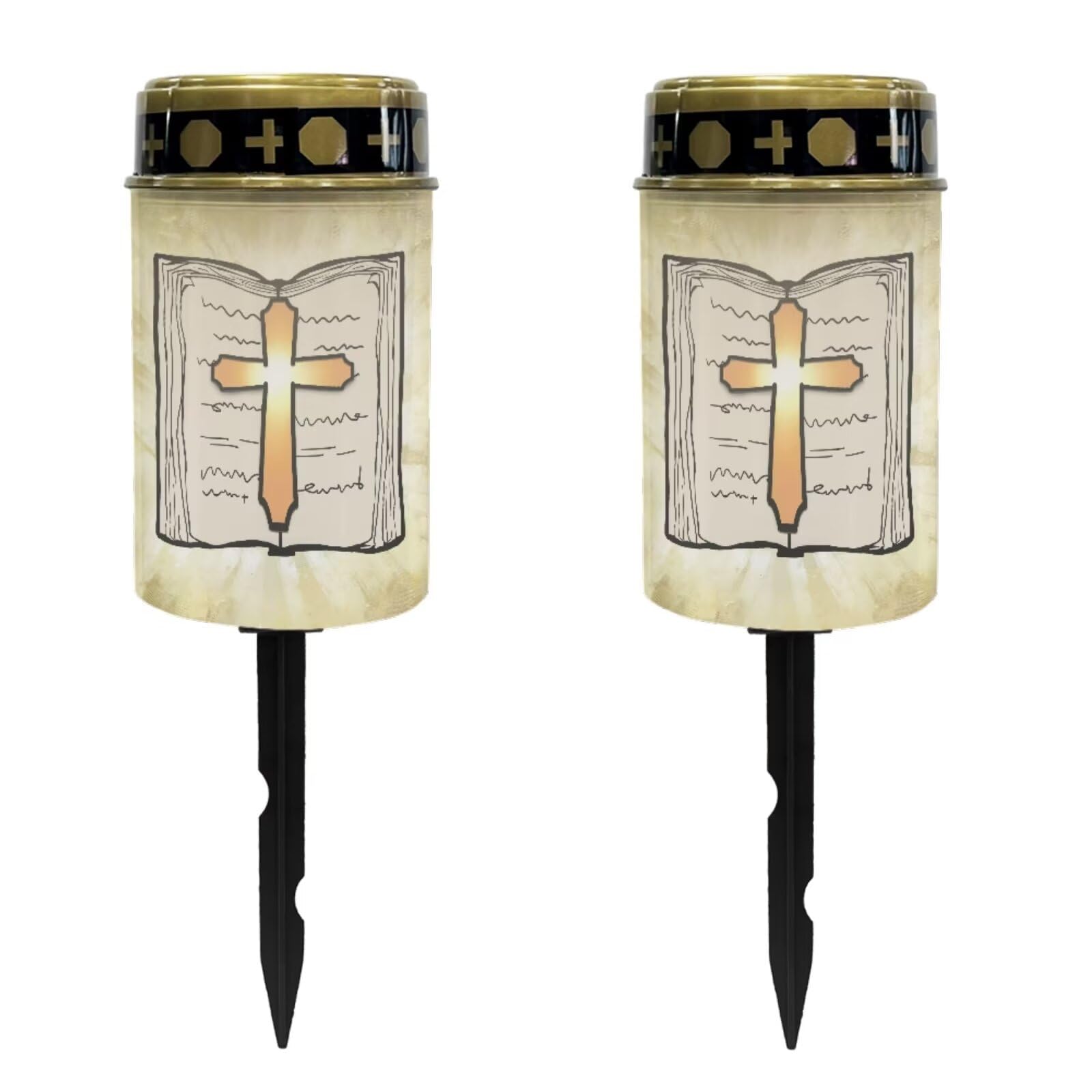 Cross and Bible Light for Prayer Cemetery Solar Lights for Grave Cemetery Decor Flameless Candle Lamp Solar Power Outdoor Garden Waterproof Eternal Light 2 Pcs