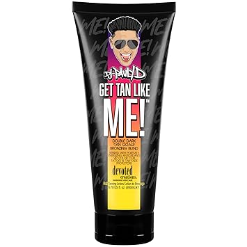 Devoted Creations DJ Pauly D Get Tan Like Me! Dark Tanning Lotion Double Dark Tan Goals Bronzing Blend Remixed with Positively Energizing Antioxidants VIP Color Club Tattoo and Tan Fade Protectors 6.78 oz.
