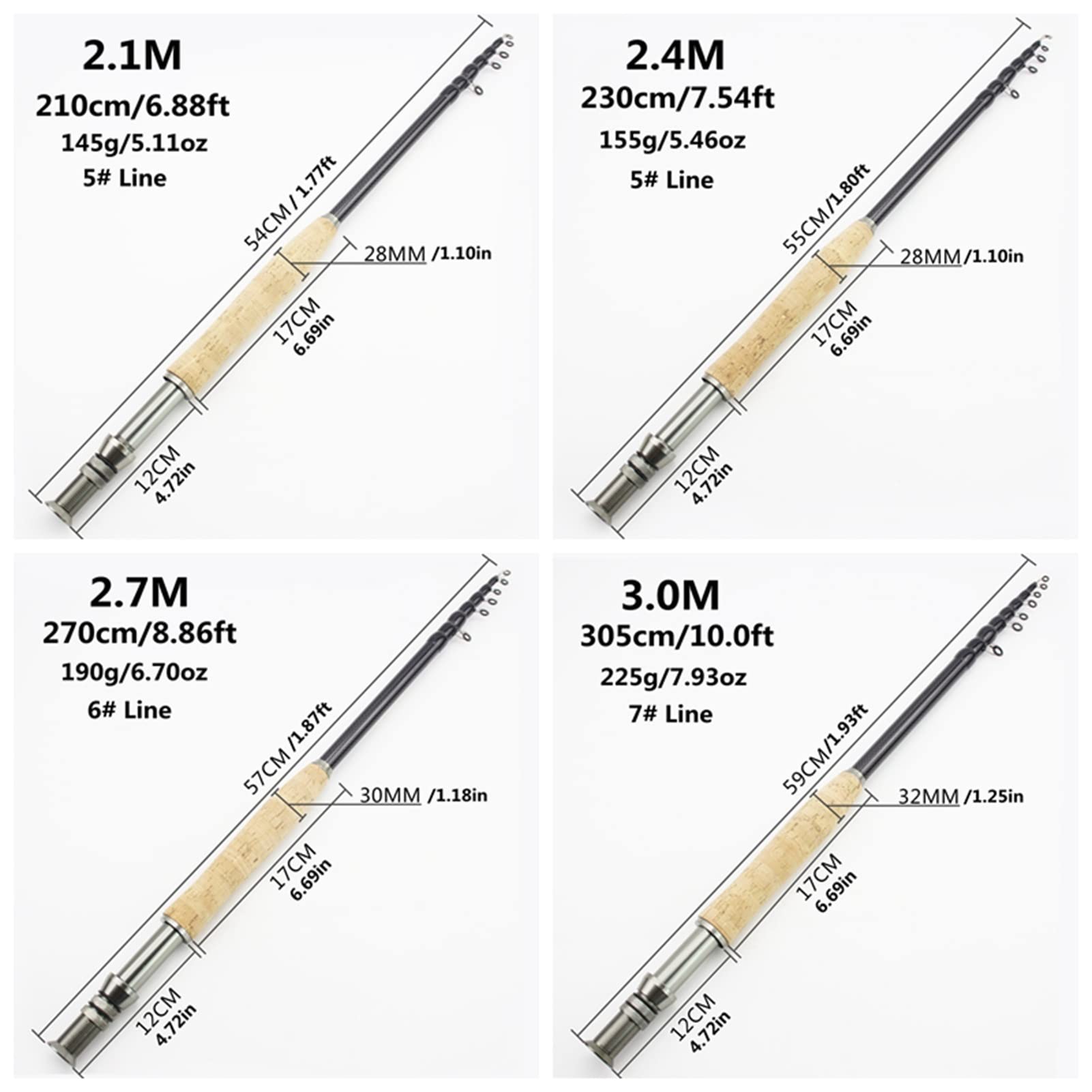 Varilla de Pesca con Mosca telescópica, caña de Pescar con Mosca, Fibra de Carbono portátil ultrafiro Mosca rápida moscada de la Mosca, asa de Corcho Caña de Pesca con Mosca PESCA2. 1m 2.4m 2.7m 3.0m