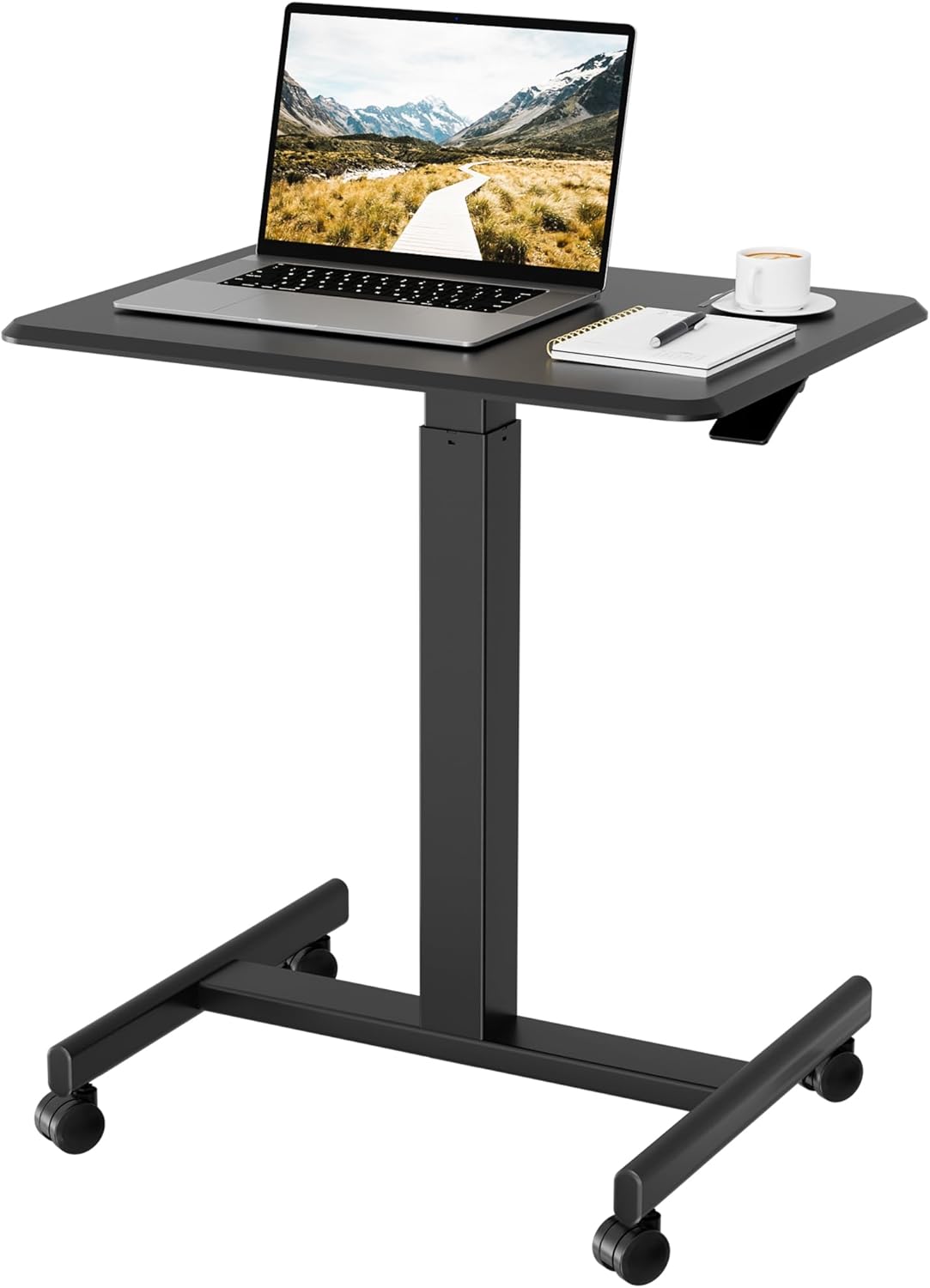 BONTEC Mobile Standing Desk Adjustable Height, Rolling Laptop Cart with Hook, Portable Workstation with Pneumatic Lift, Ergonomic Table with Wheels, Compact Home Office Desk, Black, 25.6" x 18.9" Black 25.6" x 18.9"