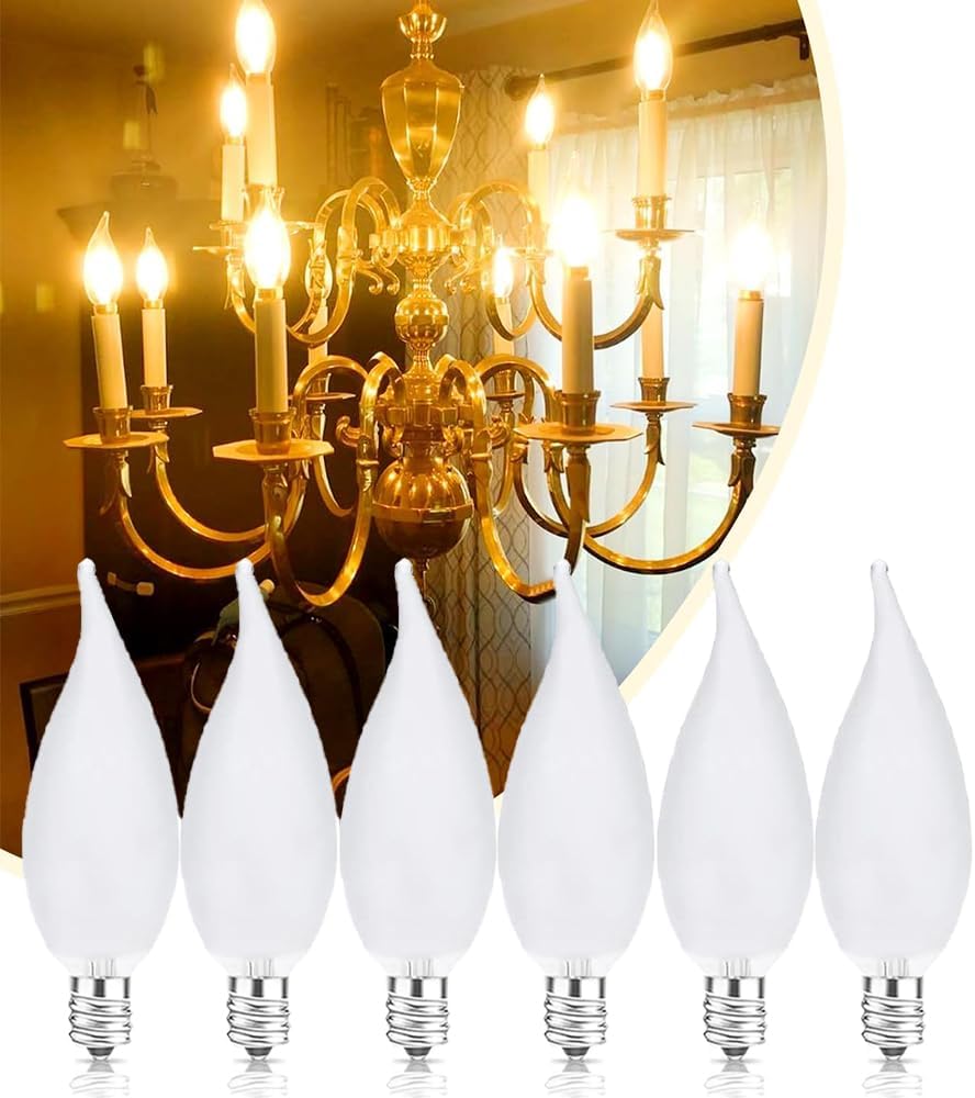 Candelabra Flame Tip Frosted,Frosted Flame Tip Chandelier Light Bulb, CA10 60W E12 Base, Decorative Incandescent Light Bulbs 120V for Chandeliers, Ceiling Fan Lights, Wall Sconces, Dimmable