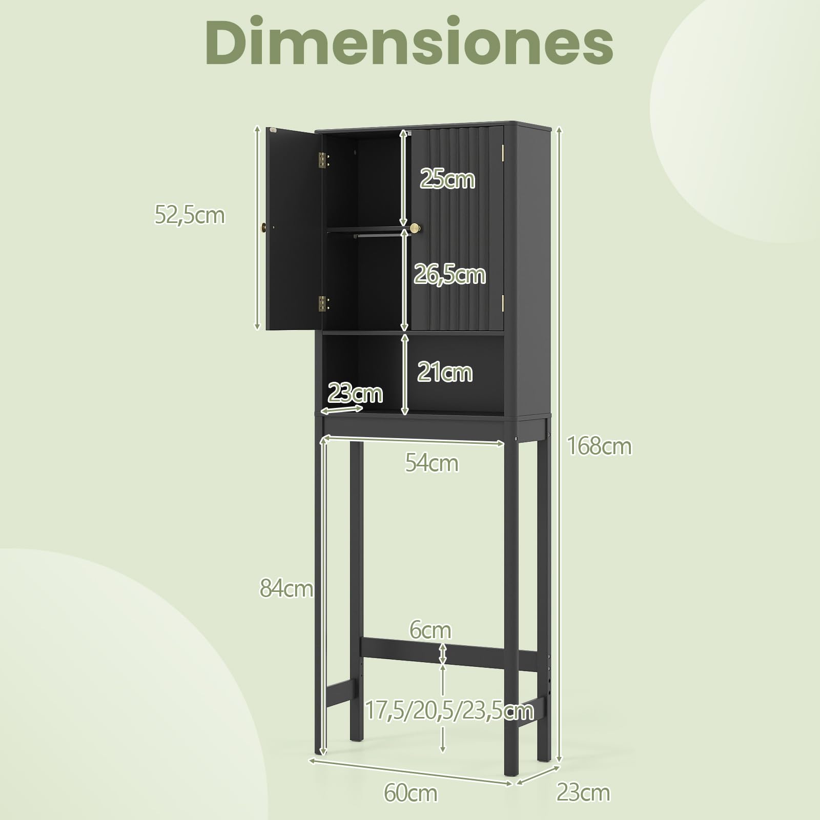 COSTWAY Mueble sobre Inodoro, Mueble de Baño con Puertas Acanaladas, Estante Ajustable en 3 Posiciones y Barra Inferior Ajustable en 3 Niveles,Armario Alto sobre el Inodoro con Almacenamiento (Negro)