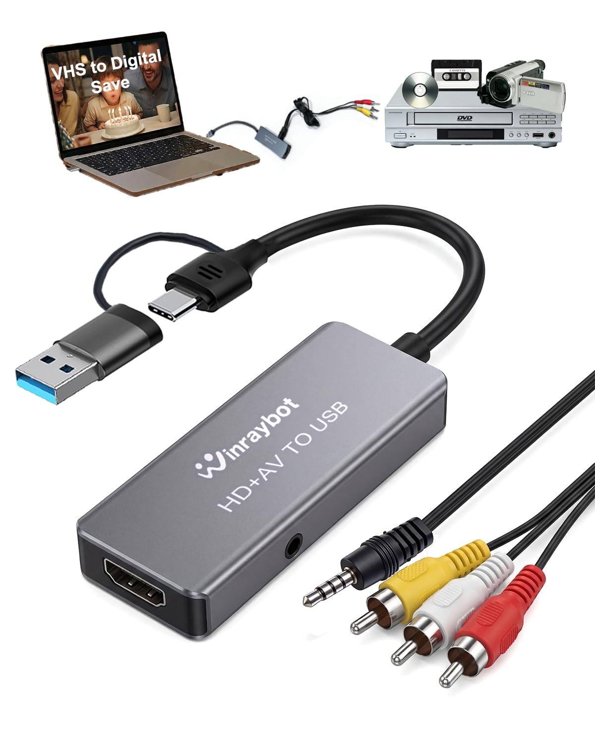 Convertitore da VHS a digitale, scheda di acquisizione video per VHS/DVD/HI9/AV/Wii, convertitore da RCA a USB, adattatore da analogico a digitale per salvare vecchi ricordi RCA/S-Video/ingresso HDMI
