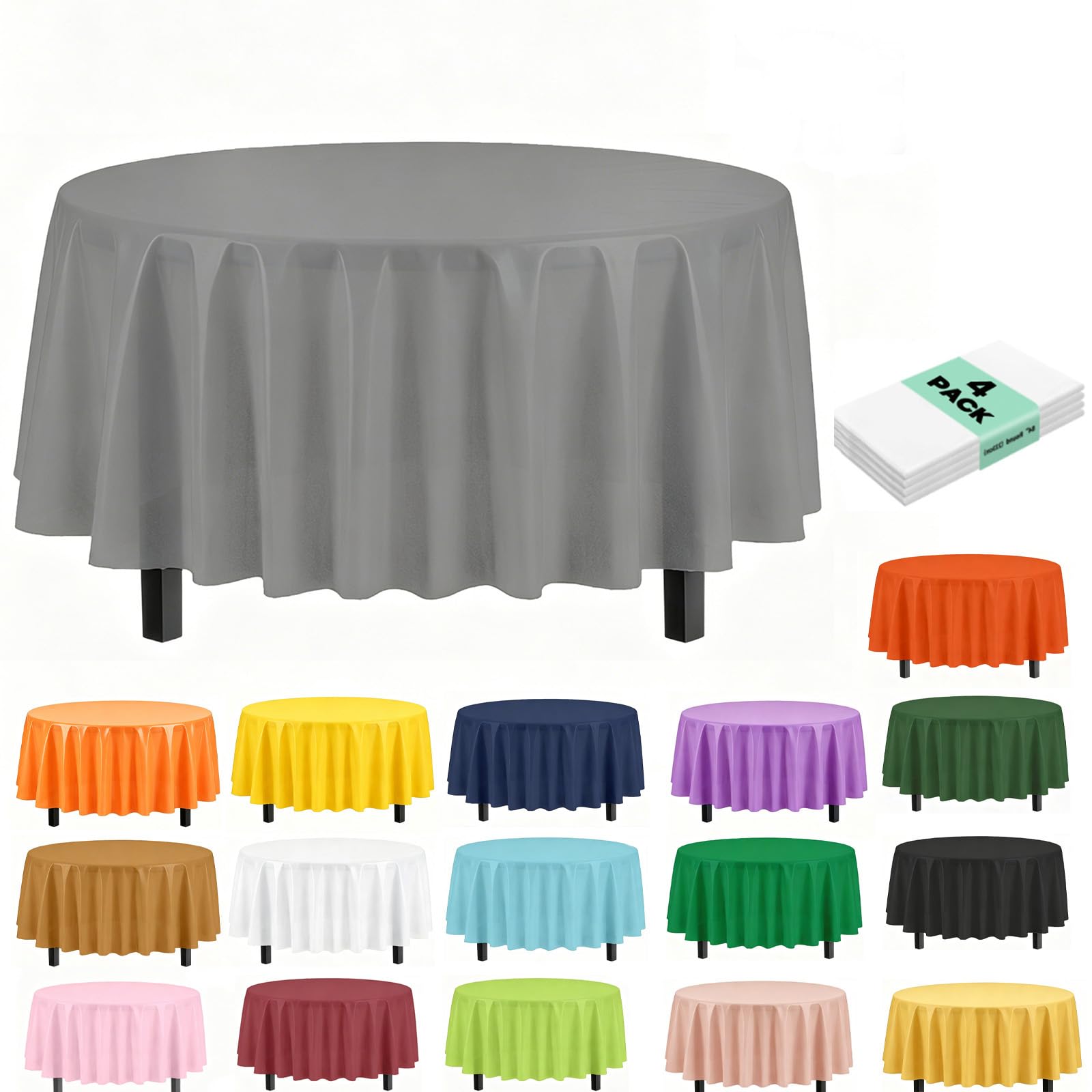 4Pack Plastic Gray Party Tablecloths for Round Table, 84 inch Large Round Disposable Table Cover for Party, Decorative Paper Tablecloth Bulk for Picnic, Baby Shower, Wedding, Birthday, Christmas