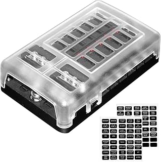 OPL5 12-Way Blade Fuse Block, Waterproof Blade Fuse Block Holder 12 Circuit Fuse Panel w/Negative Bus, LED Light Indication & Protection Cover, Stick Label for RV Car Boat Marine (12-way CA)