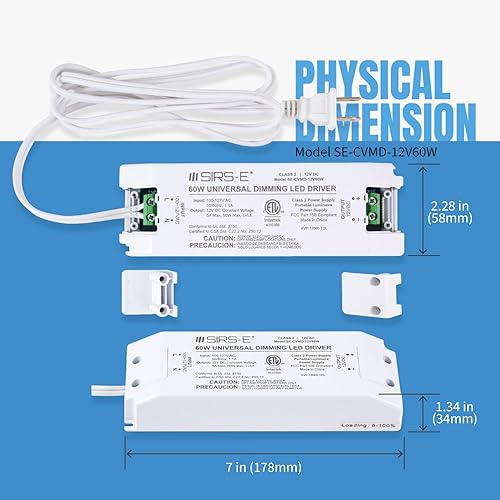 Miniatura 7 de SIRS-E Controlador LED regulable de voltaje constante de 12V 60W de faseTRIAC para tiras de luces LED, con cable de CA extraíble, blanco