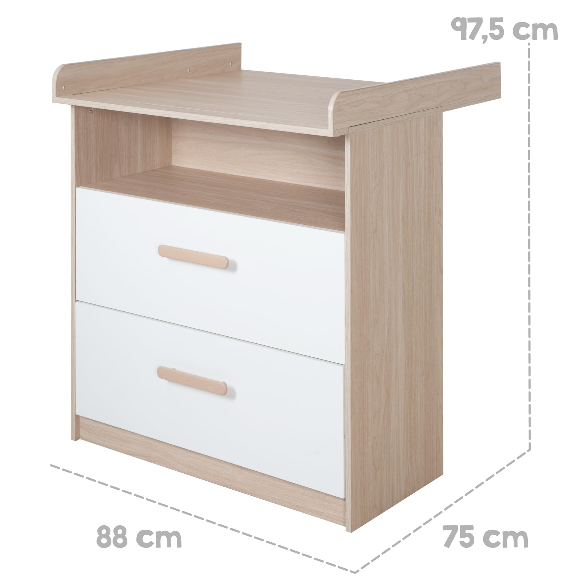 roba Babymöbel Cabane 2 pièces – Lit bébé & lit d'appoint 60 x 120 cm + commode à langer avec embout amovible – Chambre d'enfant en blanc/décor chêne