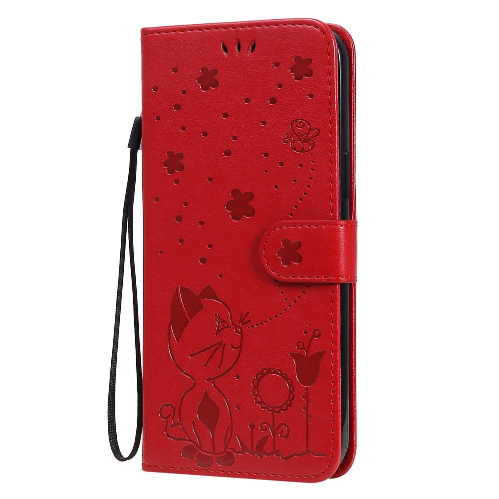 JZ Cover Portafoglio LG K50/Q60 Con Girasole 3D - Custodia In PU Leather Rossa Con Tasche E Cinturino