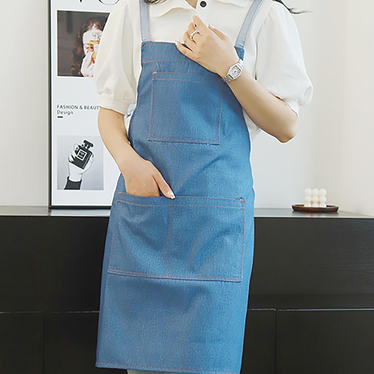 Denim Kitchen Apron Cross Back Adjustable Chef Apron with Pockets for Cooking, Baking, Housework Unisex