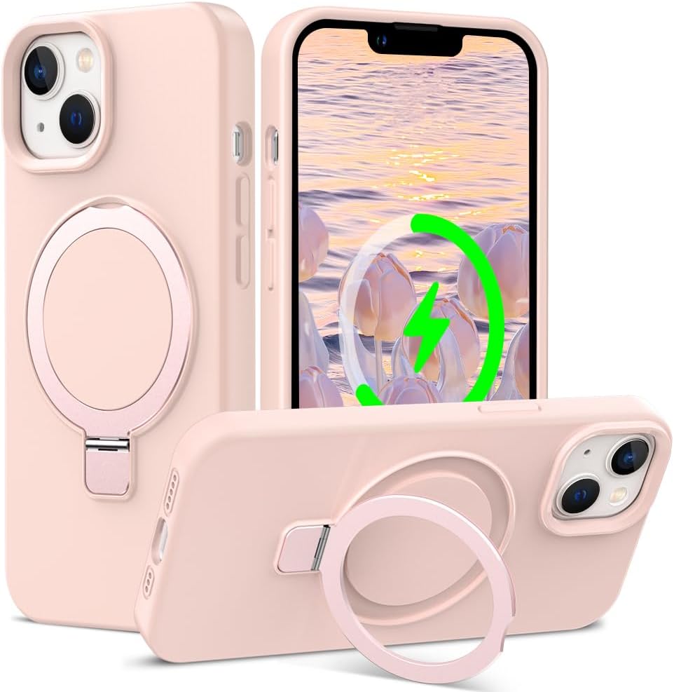 STERKER Designed for iPhone 13 & 14 Case Silicone with Magnetic Stand Ring Holder [Compatible with Mag-Safe][Soft Anti-Scratch Microfiber Lining] Protection Phone Case, Pink