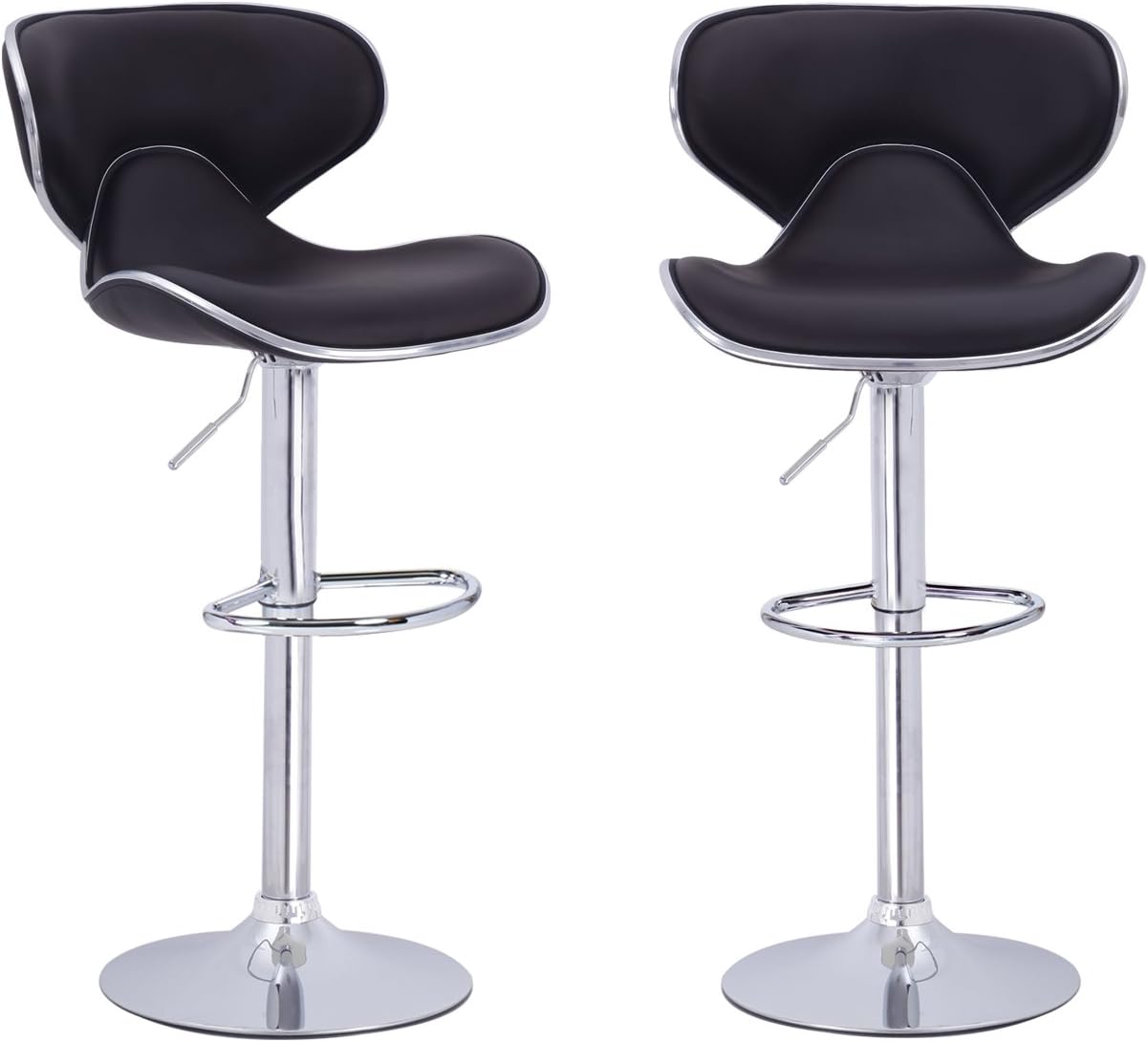 Adeco Cushioned Leatherette Adjustable Barstool Chair Curved Back Chrome Finish Pedestal Base (Set of 2), Brown