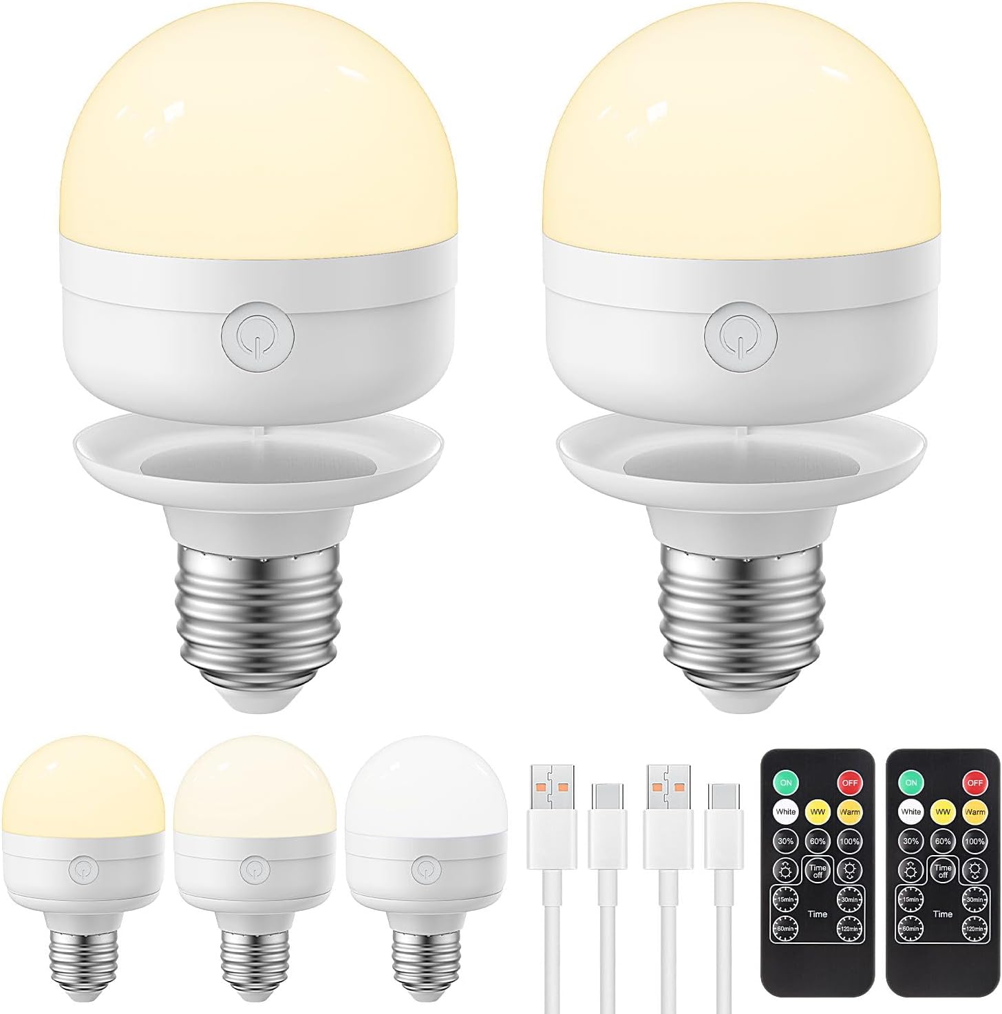 USB Rechargeable Light Bulb with Remote Control Timer and 3 Colour Temperatures, 5W Dimmable Battery Powered Light Bulbs E27 Detachable Charging LED Bulb for Non Hardwired Lamps, Wall