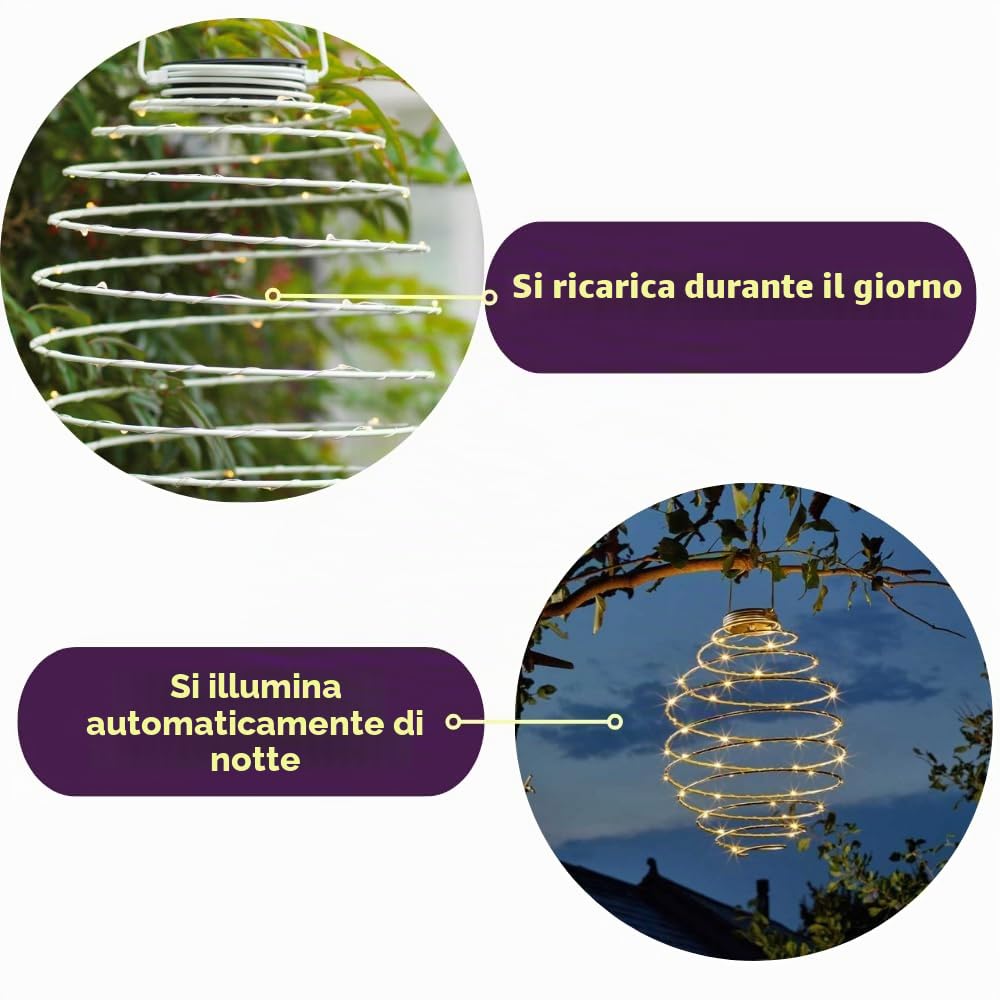 Garden Mile Lampada solare a LED da appendere a spirale Lanterna a spirale Luci solari da giardino Illuminazione da giardino per feste di nozze Lanterne da giardino a spirale a energia solare