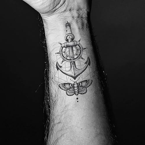 Miniatura 4 de Impermeable falso tatuaje temporal etiqueta engomada 8 hojas pequeño lindo mano negro brújula ancla ballena cruz mariposa corazón