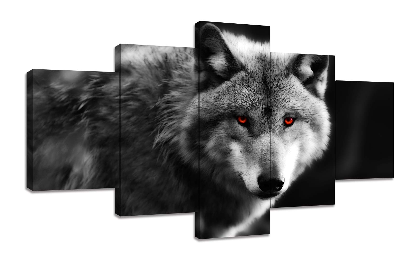 AMEMNY 5 Panels Modern Wolf Canvas Wall Art Black and White Red Eye Wolf Picture Prints on Canvas Wall Art Pictures for Living Room Bedroom Bathroom Stretched and Framed Ready to Hang