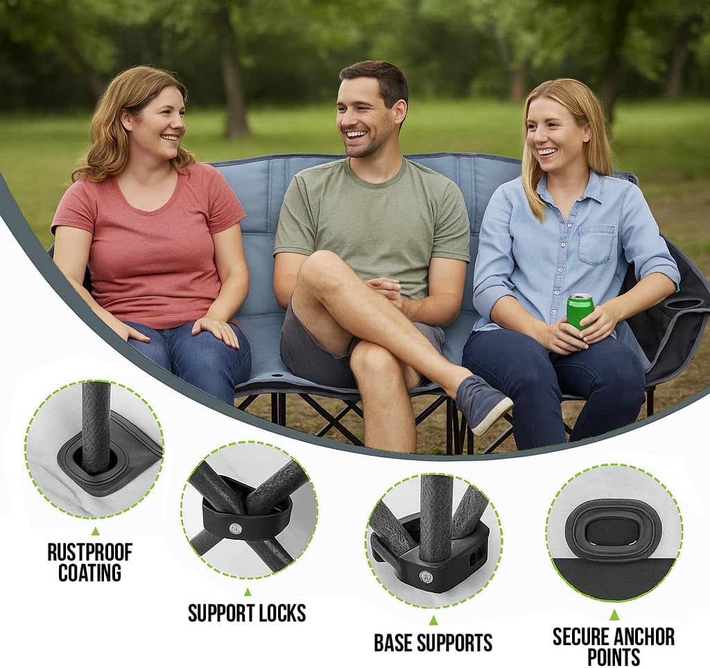 GoTEAM! Portable Folding Bench Couch – 3 Seat Collapsible Outdoor Chair with Cup Holders & Carry Bag – Heavy Duty 600D Nylon for Camping, Sports, Tailgating, Beach & Backyard (Blue/Gray)