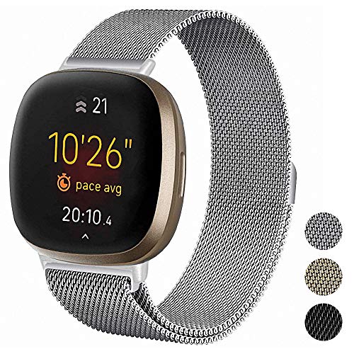 Metal Mesh Stainless Steel Magnetic Wrist Band Compatible with Fitbit Versa 3 and Fitbit Sense Fitness Trackers for Men and Women.(Silver)