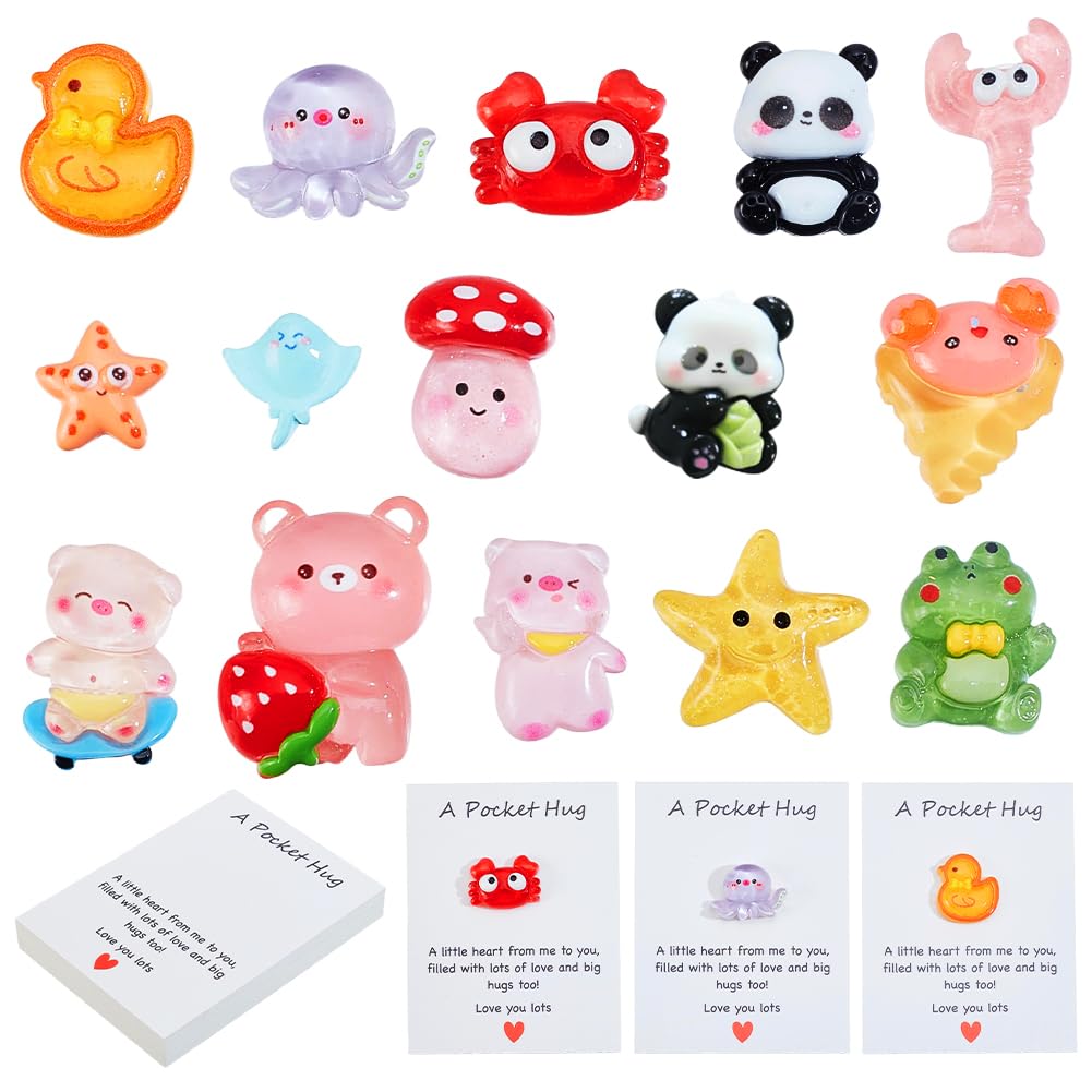 AHANDMAKER 60 Sets 15 Styles Pocket Hugs Resin Animal Pocket Hug Token with Inspirational Card Valentines Positive Little Resin Animal Token Emotional Gifts for Friends Family Coworker Staff