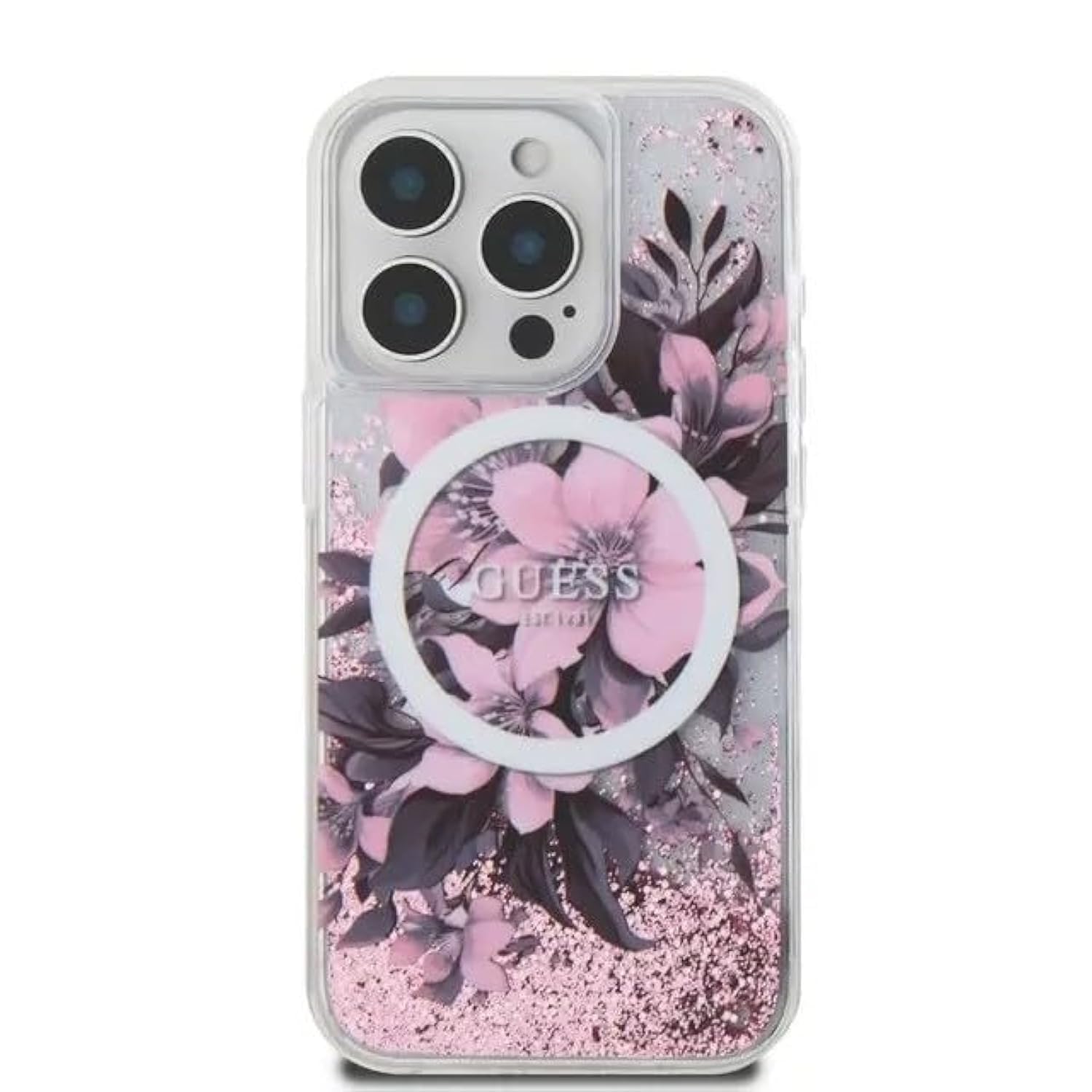 CG Mobile Guess Magsafe Liquid Glitter Hard Case With Flower Design For iPhone 16 Pro Max - P Pink iPhone 16 Pro Max (6.9