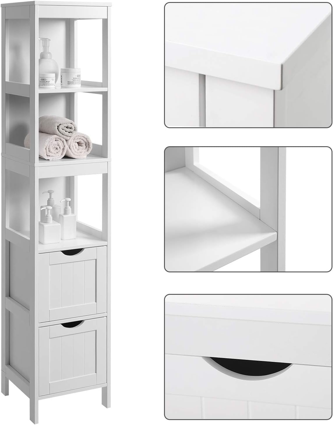 Детаљно view of the VASAGLE Tall Bathroom Cabinet showing open shelves and drawers