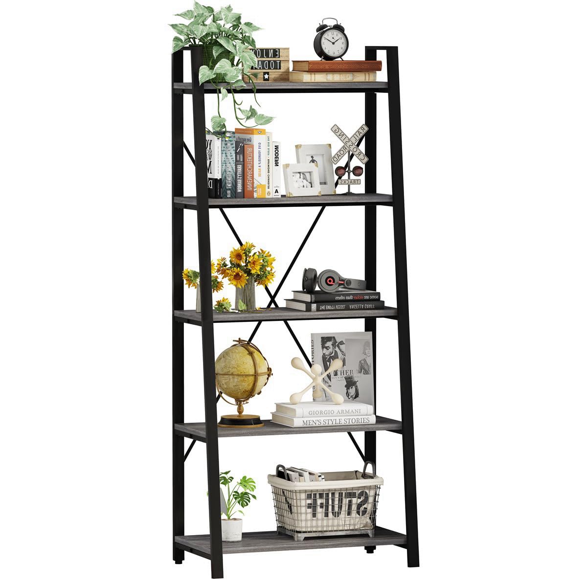 BON AUGURE Industrial Ladder Shelf, Rustic 5 Tier Leaning Bookshelf, Wood Metal Ladder Bookcase (Dark Grey Oak)