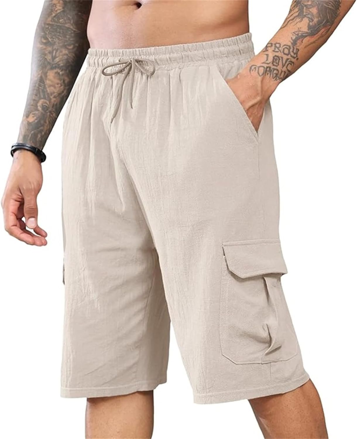 Linen Cargo Shorts Men Elastic Drawstring Summer Beach Pants Multi ...