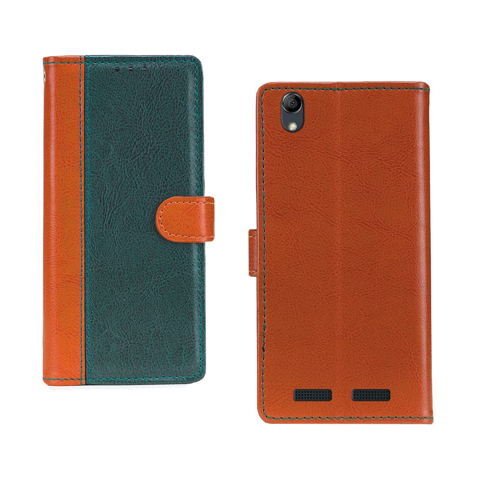 Pinaaki Enterprises Panasonic P95 Case | Premium Leather Finish | with Card Pockets | Wallet Stand |Complete Protection Cover for Panasonic P95 - Camel and Green