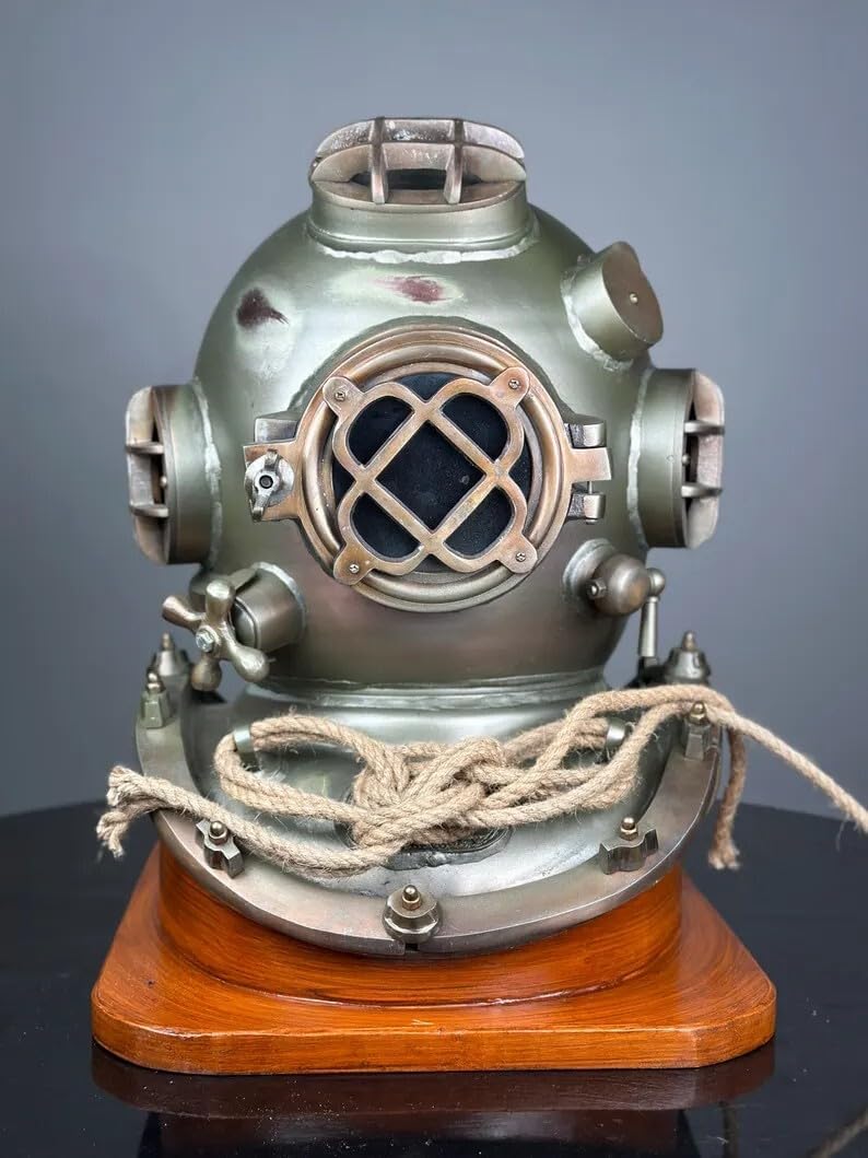 Vintage Helmet Diving Navy Divers Deep Sea Mark V Antique Vintage Us Scuba Brass Marine Home Decor & Office with Wooden Stand