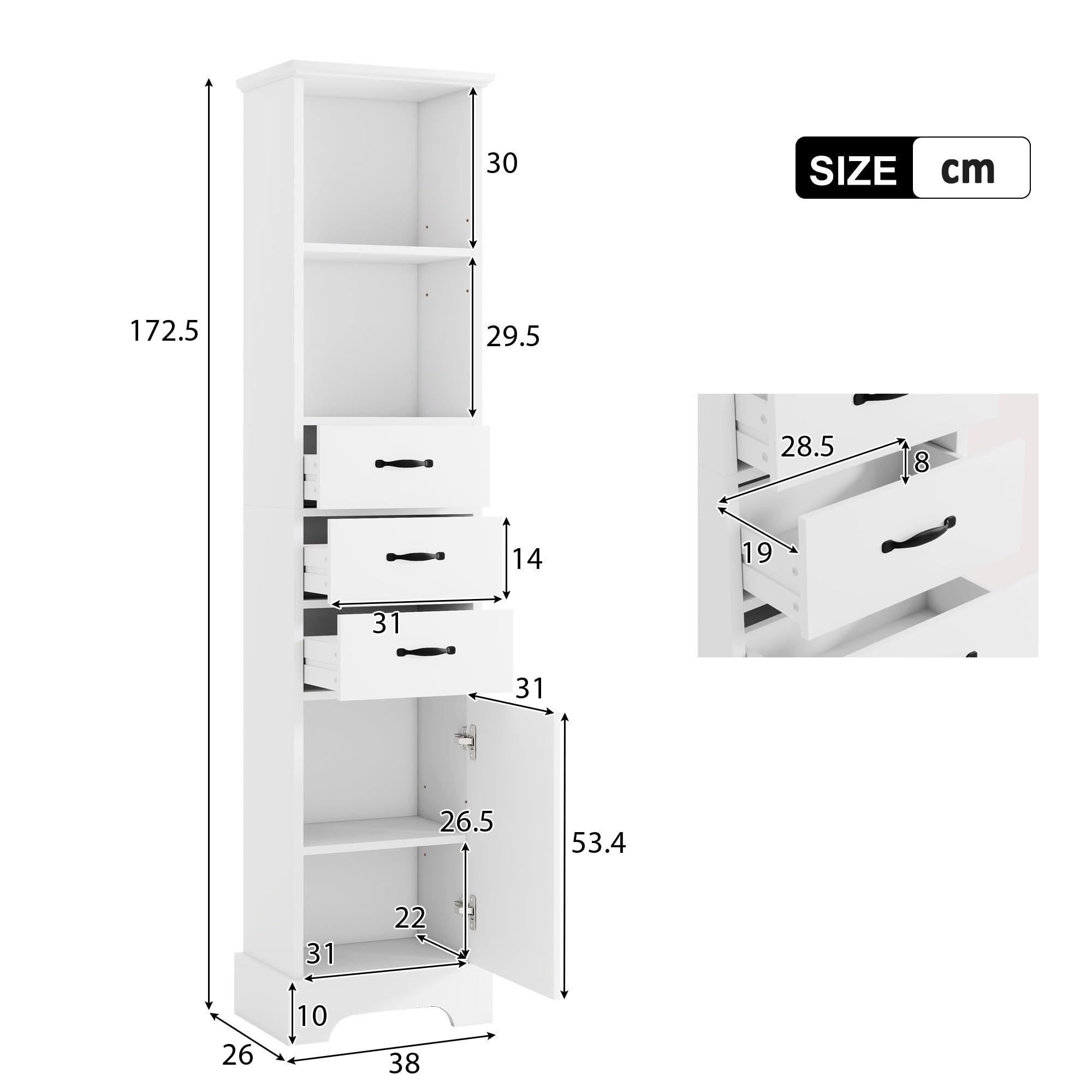 Armario alto de pie para el baño, lacado con compartimentos abiertos y cajones, armario lateral sobre pies altos como sistema de organización para el cuarto de baño que ahorra espacio