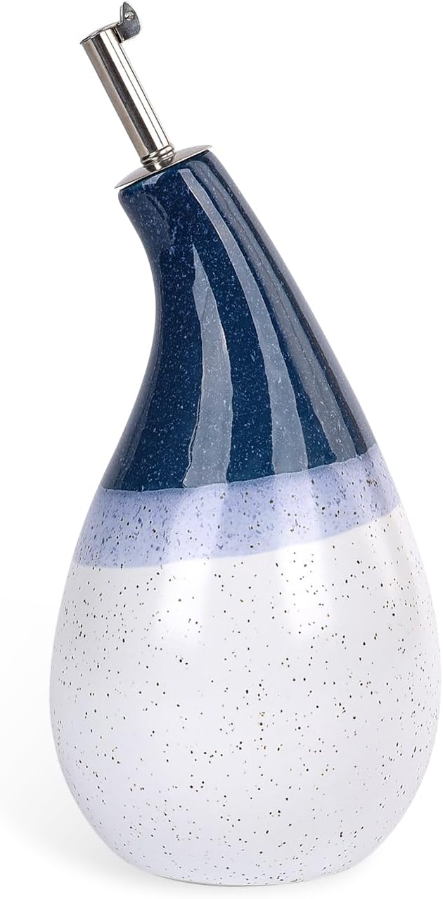 14 oz Blue-white Ceramic Vinegar and Oil Dispenser Bottle with Stainless Steel Spout - Blue and White Decorative Kitchen Accessory, Olive Oil Bottle, Vinegar Container Thumbnail