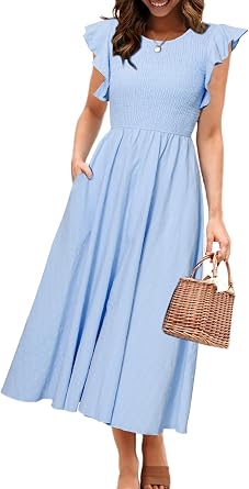 Simplee Womens Striped Midi Summer Dress Linen Smocked Flutter Short Sleeve Dress Flowy Casual Dress with Pockets
