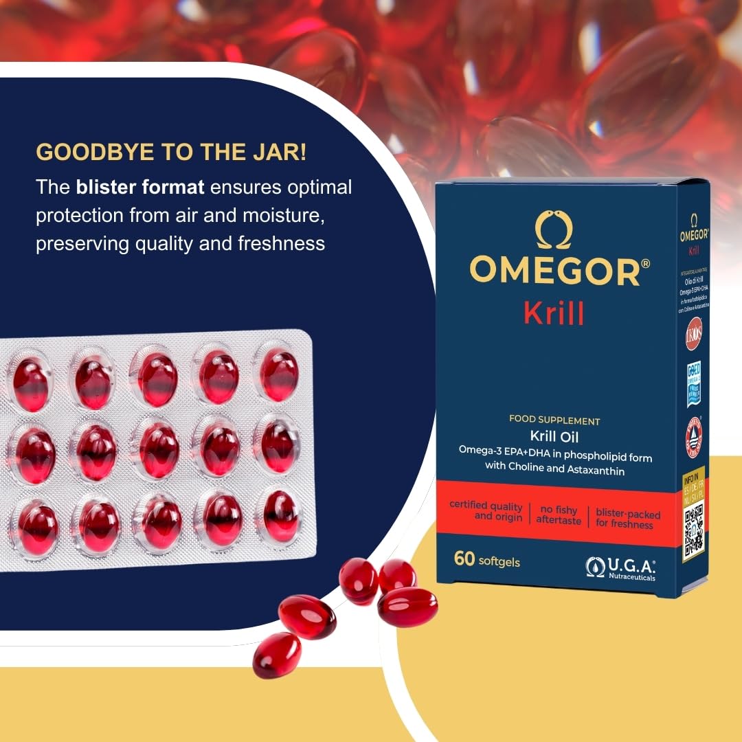 Aceite de Krill Omega 3 IFOS Certificado - OMEGOR Krill Oil Omega3 EPA y DHA con Fosfolípidos, Colina y Astaxantina de Alta Biodisponibilidad - sin Sabor a Pescado (60 Cápsulas)
