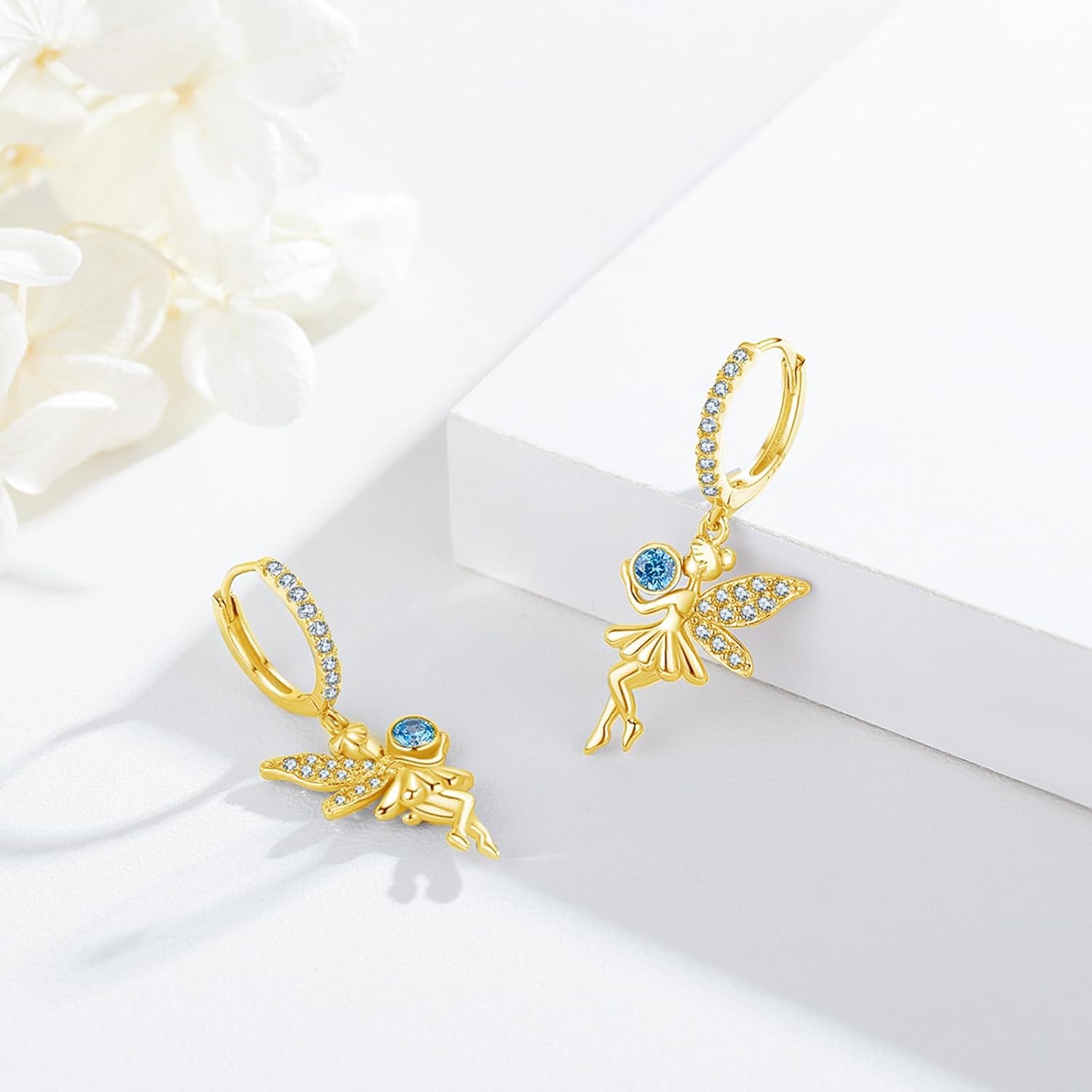 CUOKA MIRACLE Gold Tinkerbell Fairy Earrings For Women S925 Sterling Silver Fairy Earring Angel Hoop Huggies Earrings Fairy Dangle Drop Earring Gold Tinkerbell Fairy Jewelry Gifts For Women - Image 3