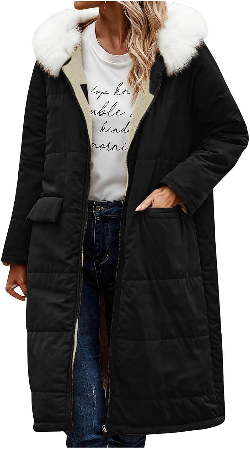 Long Puffer Jacket Womens - Faux Fur Sherpa Lined Winter Coats for Women with Fur Trim Hood Thick Warm Parka Jackets