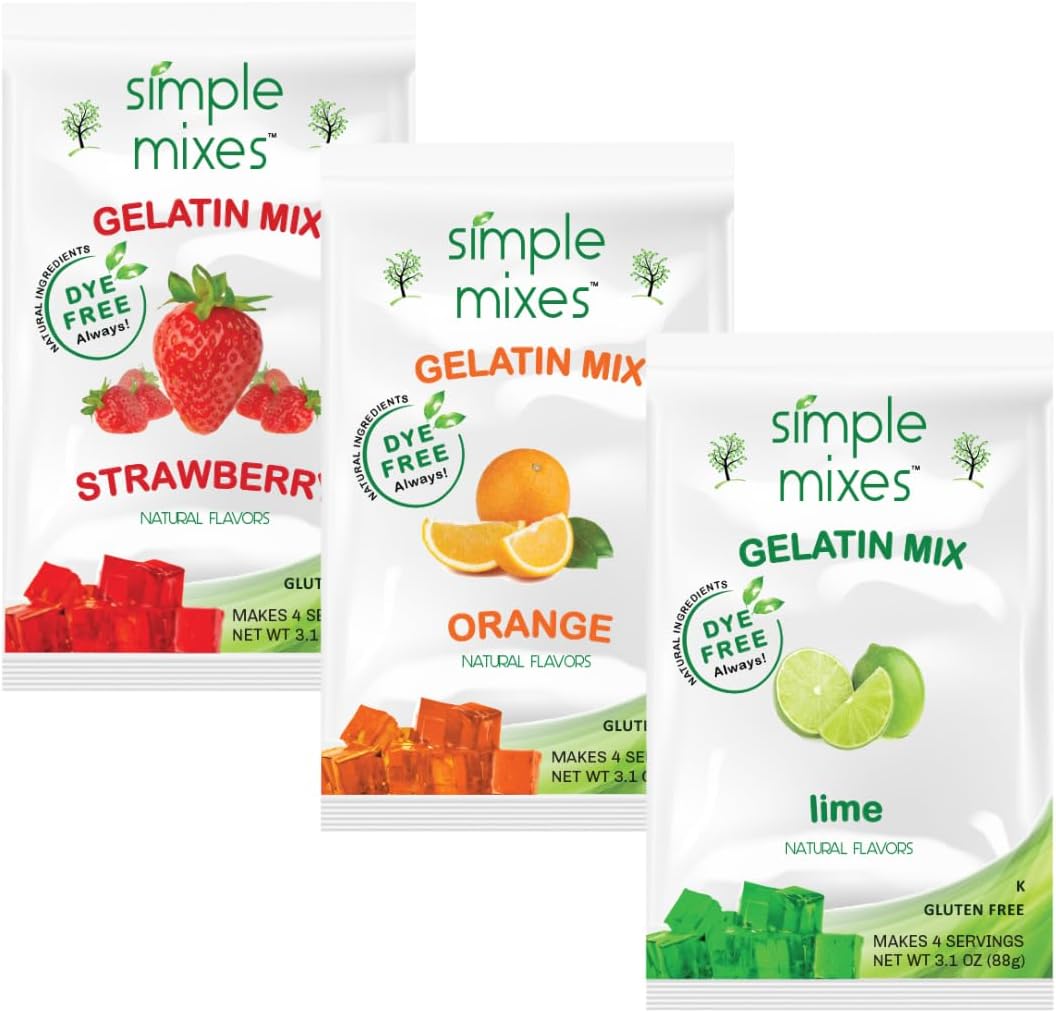 Natural Gelatin Dessert, Variety Pack, Strawberry, Orange and Lemon, Healthy, Lactose Free, Fat Free and Gluten Free, Kosher, 3.1 Oz Per Pack, 3 Count