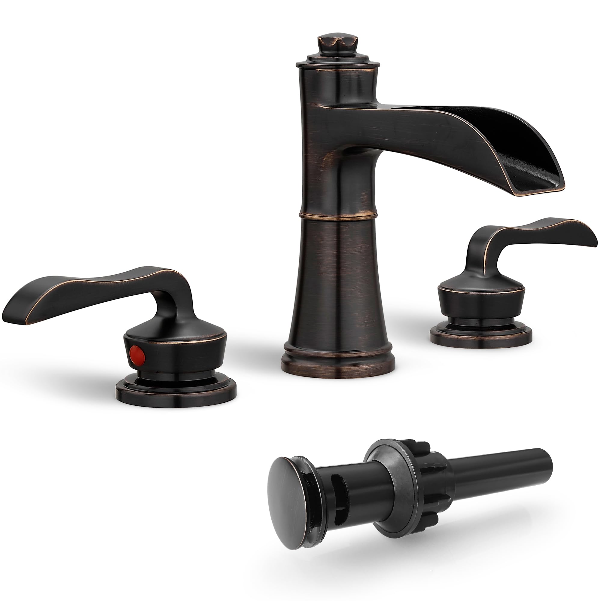 Hcfyauis Oil Rubbed Bronze 4-16 Inch Widespread Faucet Bronze Waterfall Bathroom Faucet 3 Hole Bathroom Sink Faucet, Brass Bath Faucets For Sink Two Handle Vanity Faucet With Drain And Supply Water Hose