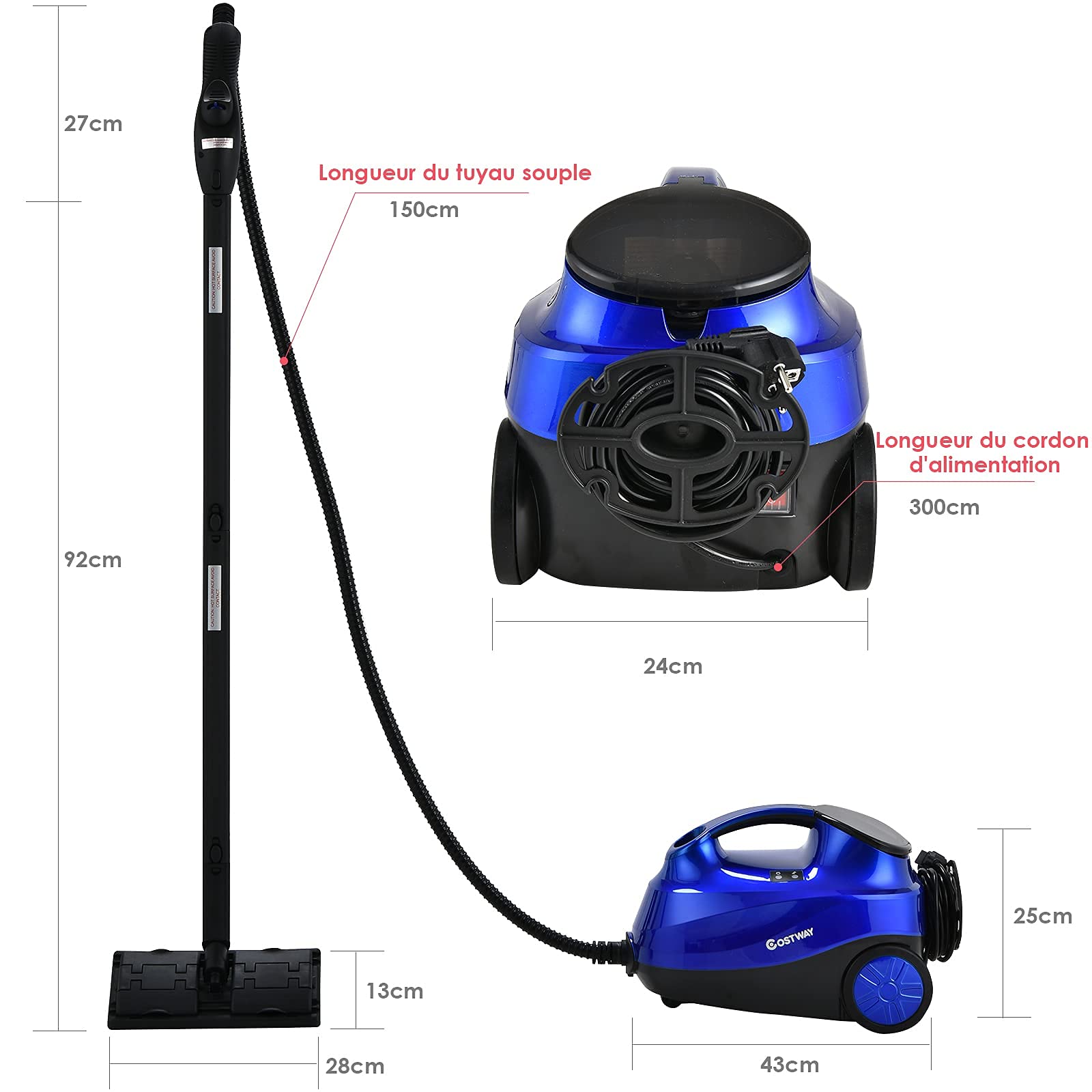 GOPLUS 2000 W Limpiador a vapor eléctrico, presión de 4 bares, volumen de vapor ajustable, 1,5 L, tiempo de calentamiento de 5 a 6 minutos, con bloqueo de niños, para sofá, alfombra, cristal(azul)