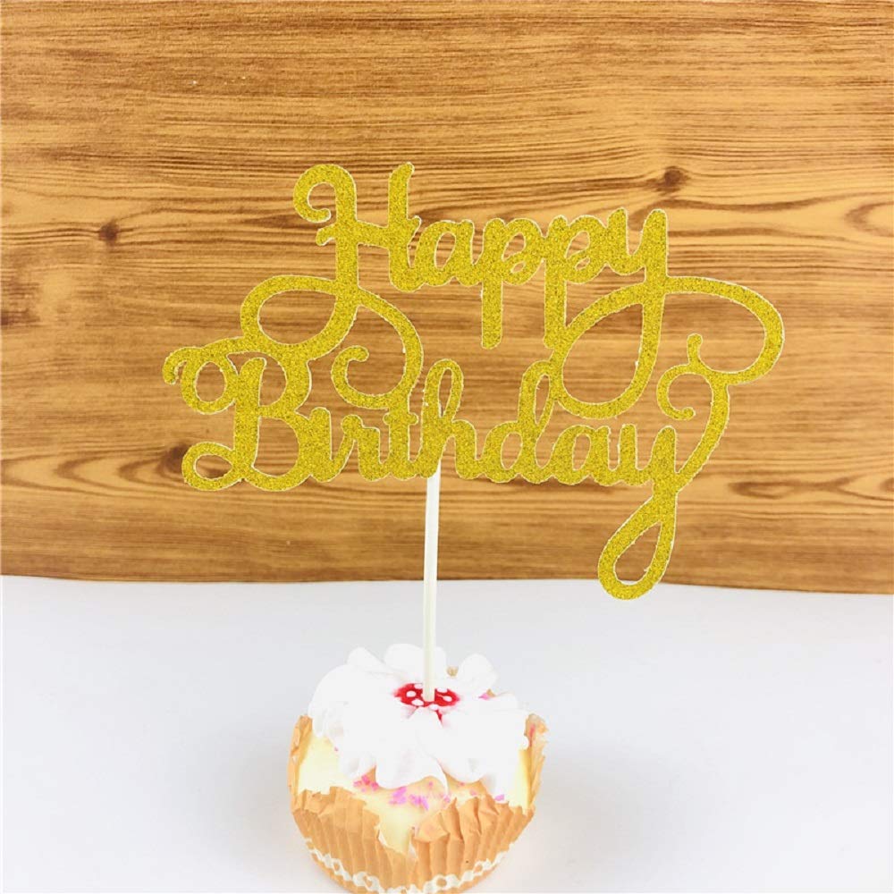 Gold Happy Birthday Cake Topper, Happy Birthday Cupcake Topper Gold, Glitter Birthday Party