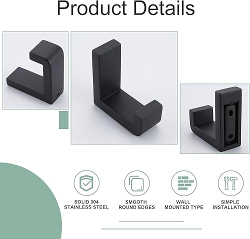 Miniatura 5 de APLusee Gancho doble para toalla y gancho en forma de L, acero inoxidable 304 montado en la pared, accesorios de baño negro mate