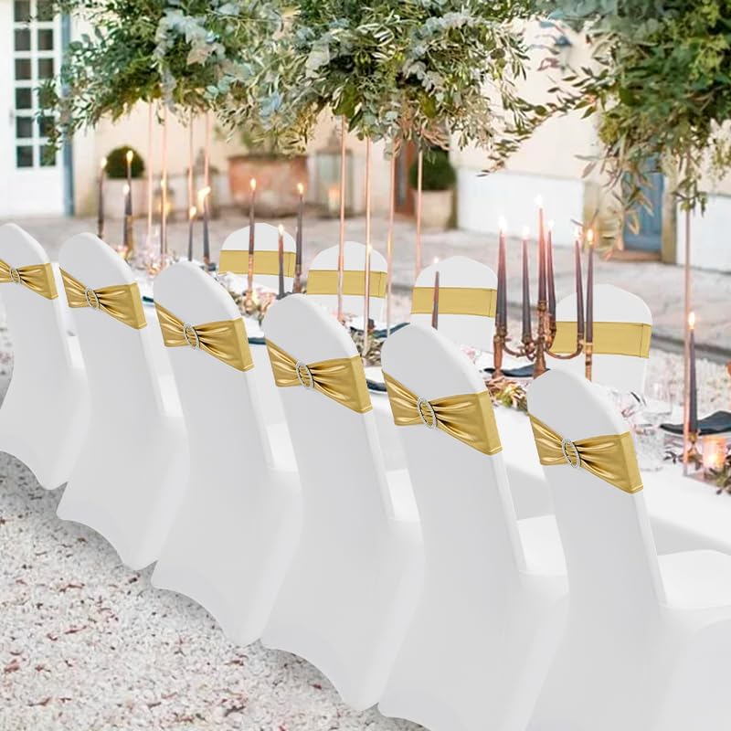 100 PCS Spandex Chair Sashes Bows Premium Stretch Chair Cover Band with Buckle Slider Universal Elastic Chair Ties for Wedding Party Ceremony Events Reception Banquet Decoration (Metallic Gold)