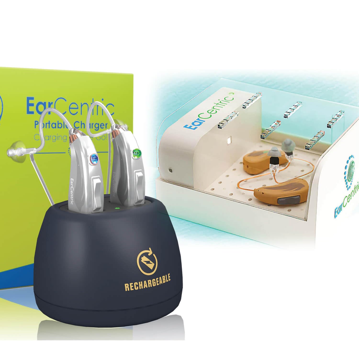 [Bundle] EarCentric EasyCharge Rechargeable Hearing Aids (Silver) + RapidDry Dehumidifier Dryer