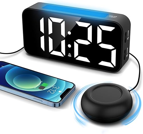Topski Reloj despertador para personas que duermen con mucha capacidad, reloj despertador vibratorio con agitador de cama, luz nocturna, pantalla