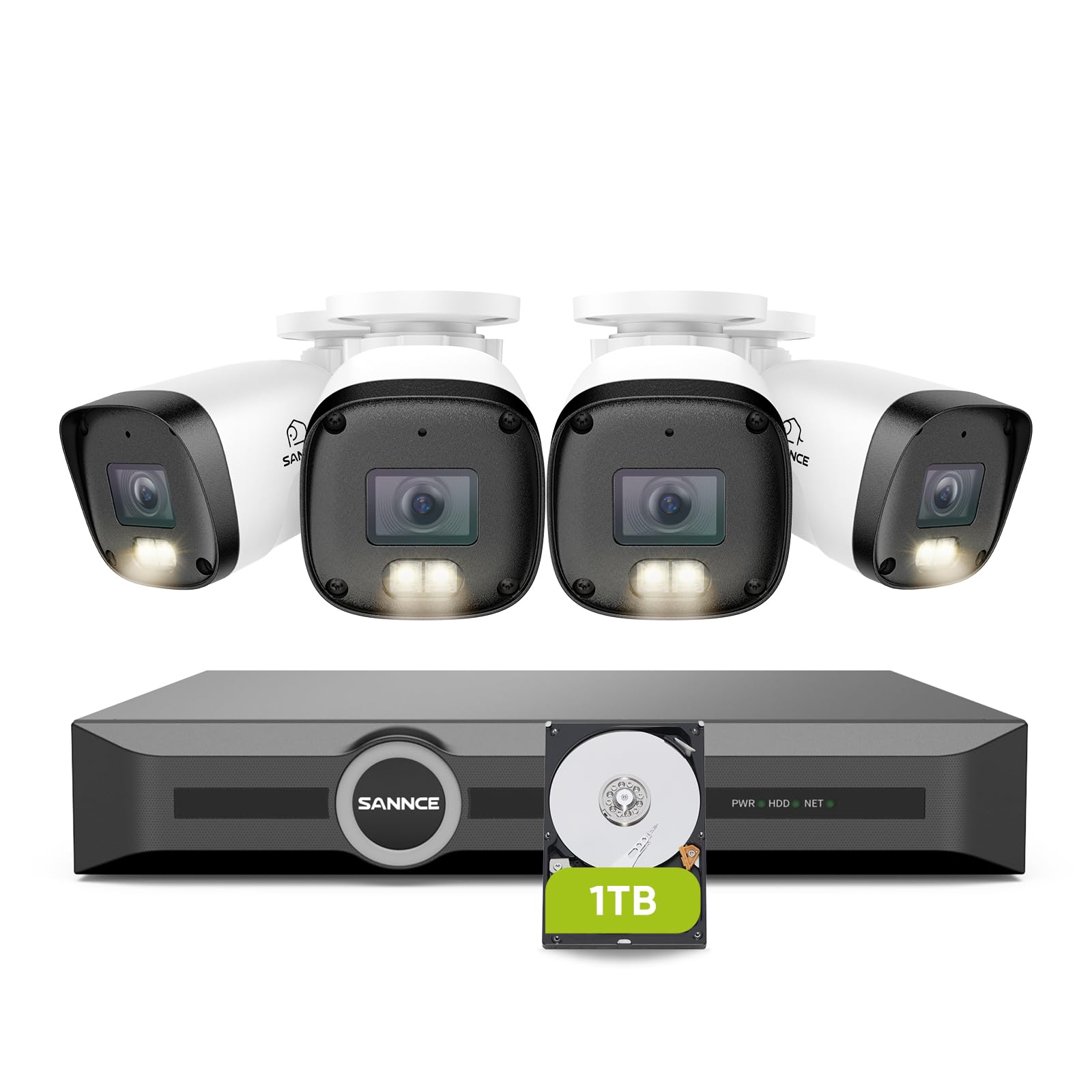 SANNCE System monitoringu CCTV: 8-kanałowy rejestrator sieciowy (NVR) PoE 5MP z 1TB dyskiem i 4 zewnętrznymi kamerami IP 3MP